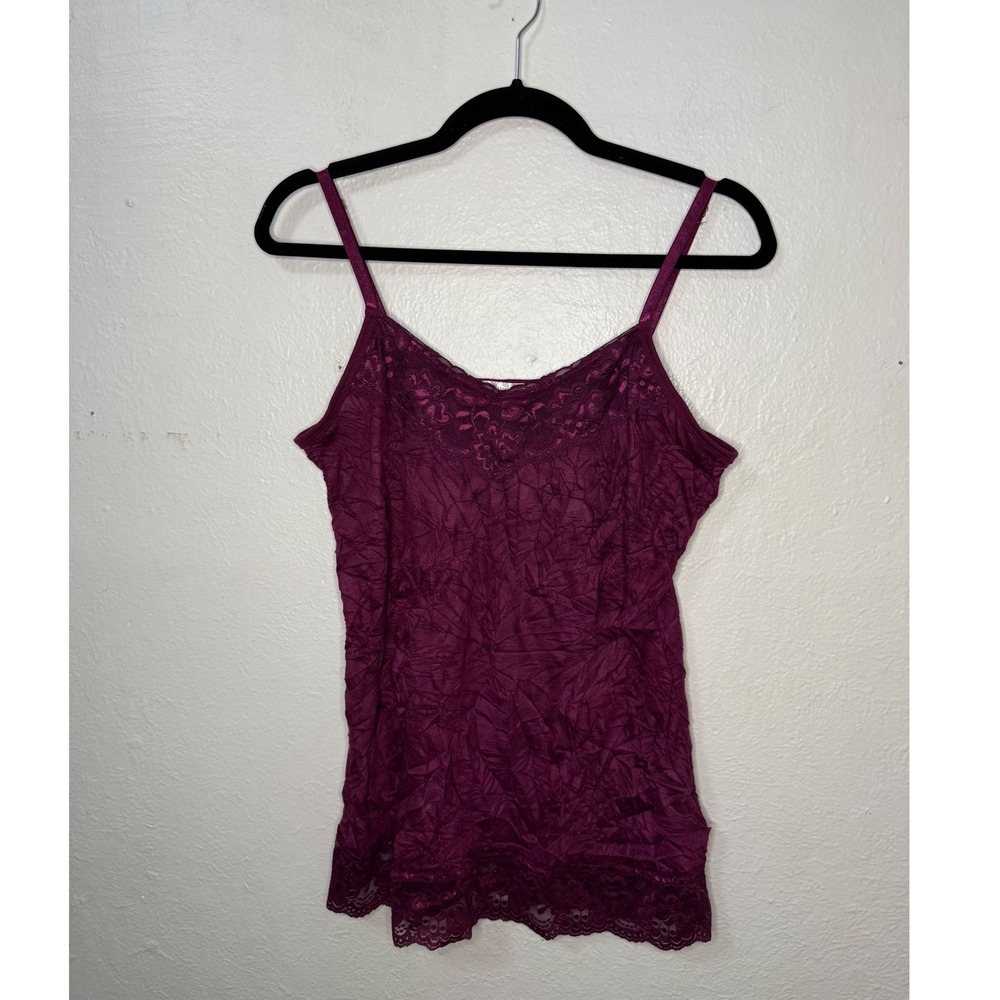 Vtg DressBarn Women's Large Crinkle Cami Tank Top Lace Burgundy Y2K Fairy